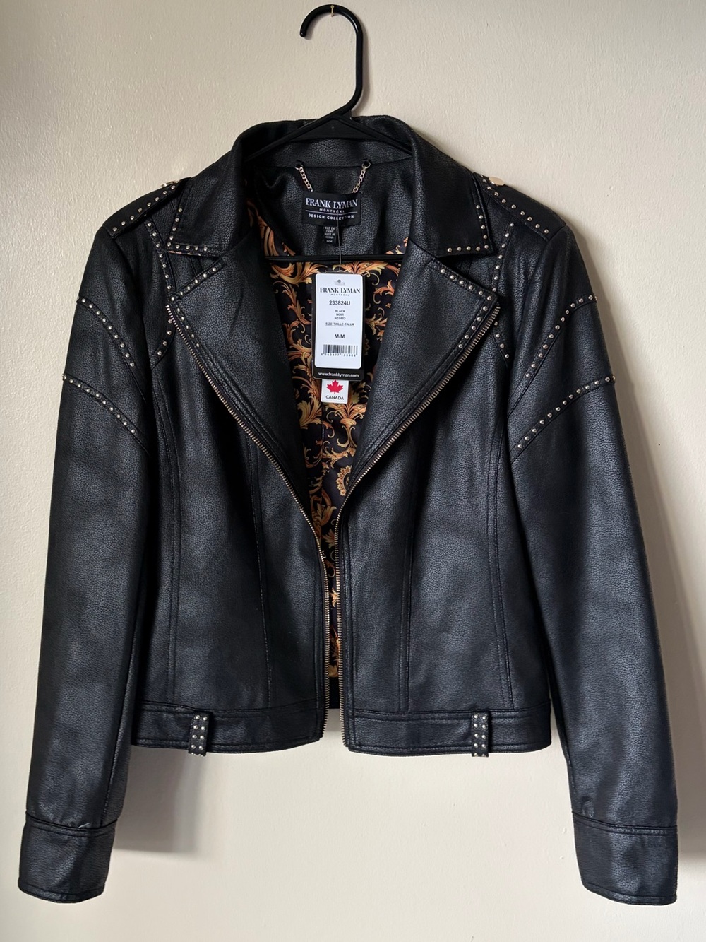 Frank Lyman m Black Studded Faux-Leather Moto Jacket with Funky Lining